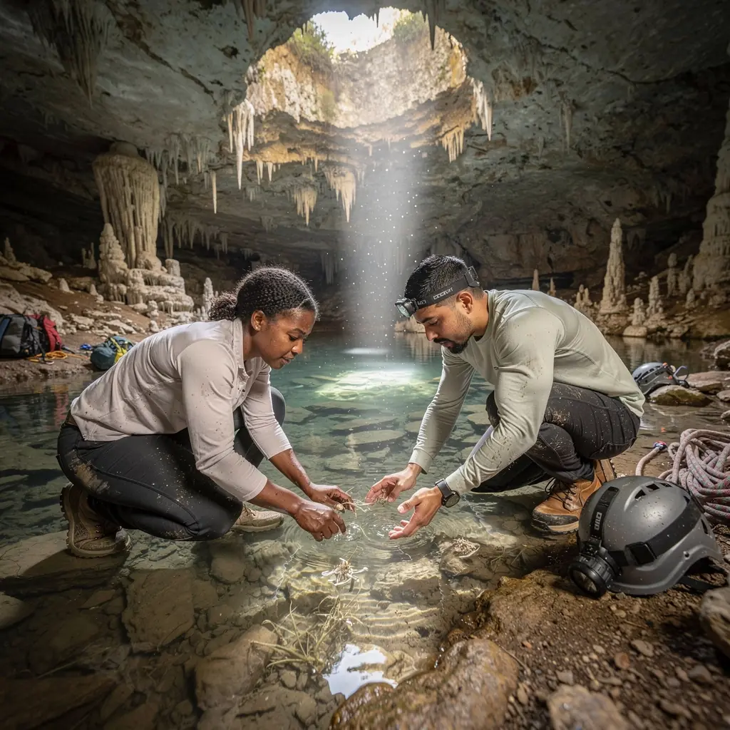 Вид на вход в пещеру с зелеными растениями вокруг.