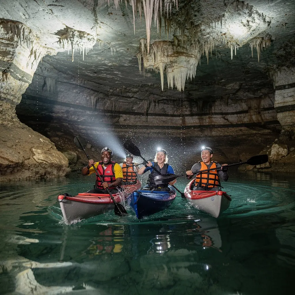 Вид на вход в пещеру, окруженный зелеными растениями