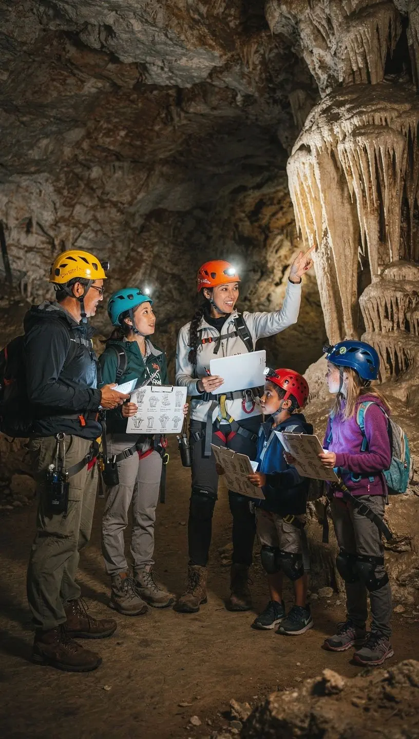 Группа туристов, исследующих темные коридоры пещеры