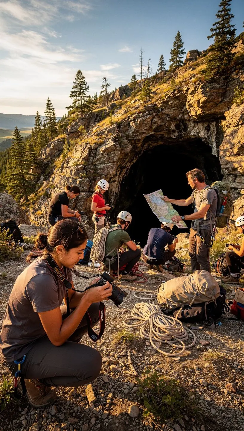 Группа туристов, исследующих темные пещеры с фонариками