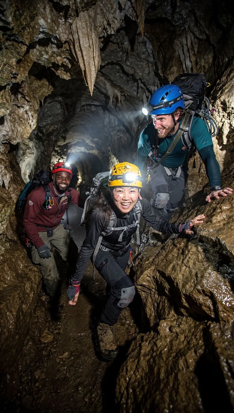Экспедиция в пещеру с исследователями, изучающими сталактиты и сталагмиты.