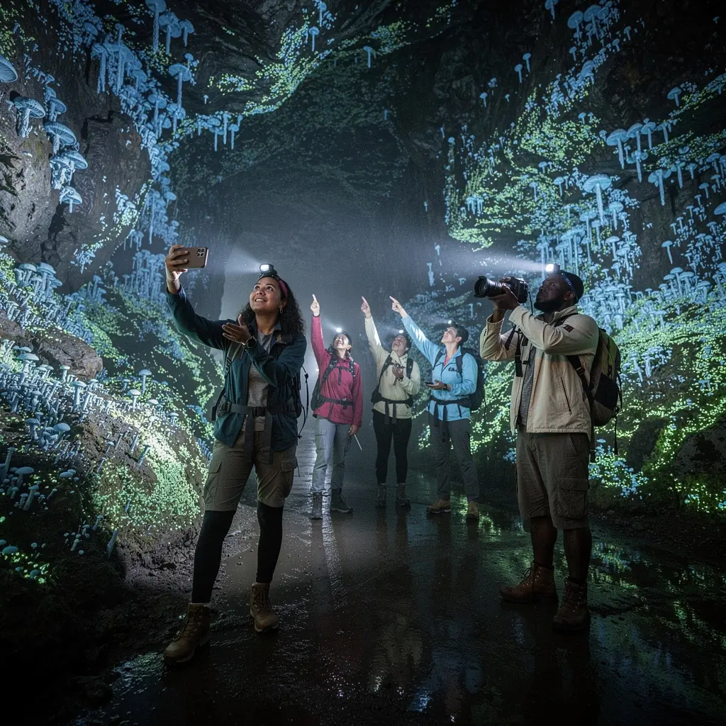 Группа туристов, исследующих темные коридоры подземного лабиринта.